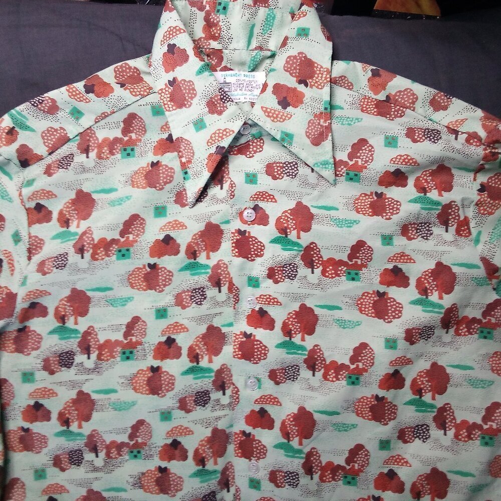 Vintage KMart MCM Trees Cloud Grass House Polyester Disco Shirt